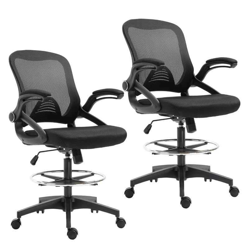 Lot de 2 fauteuils de bureau assise haute réglable 64 x 60 x 106-126 cm ergonomique design contemporain en maille noir 21_0006343