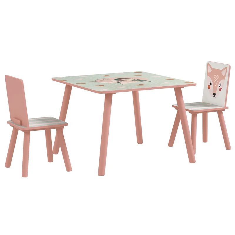 Ensemble table et chaises pour enfants table carrée 60 x 60 x 44 cm bords arrondis adapté 3 ans tendance en MDF rose 21_0000203