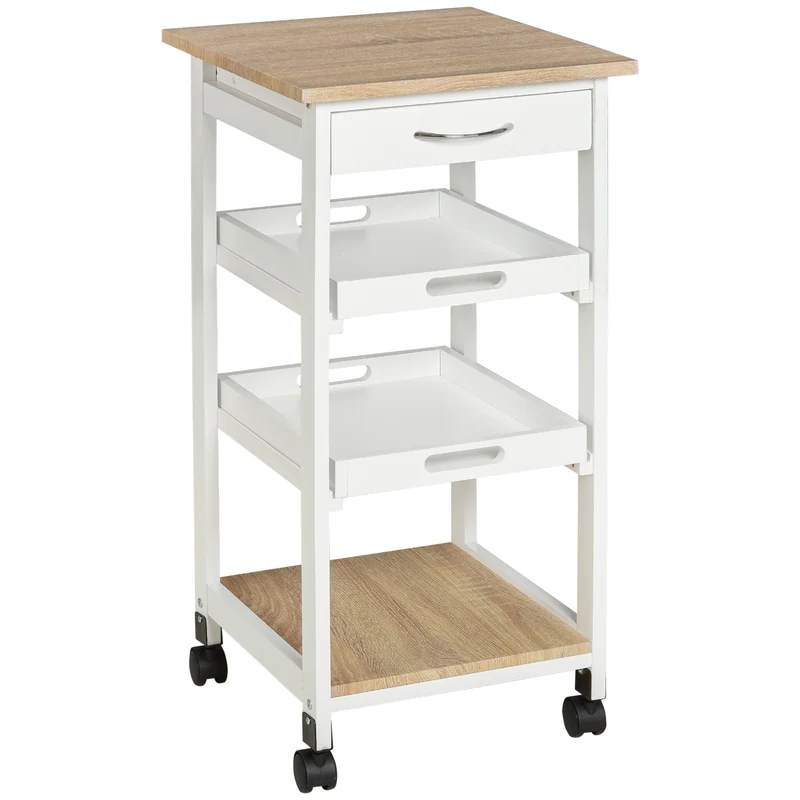 Chariot desserte de cuisine 37 x 37 x 76 cm 2 plateaux gain de rangement scandinave minimaliste en bois de pin blanc 21_0001003