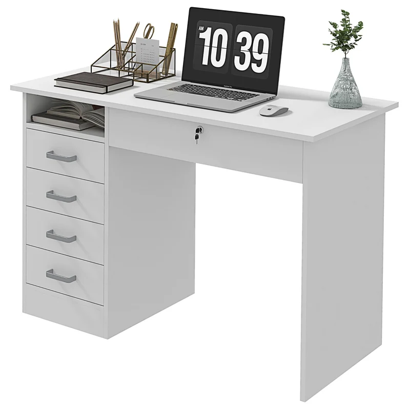 Bureau de travail 110 x 50 x 76 cm 5 tiroirs 1 verrouillable moderne en panneau de particules blanc 21_0002495
