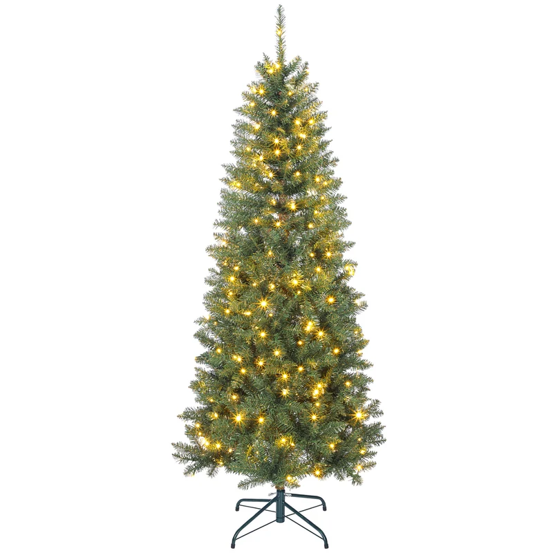 Sapin de noël artificiel étroit salon 75 x 180 cm montage facile 250 lampes branches articulées épuré en plastique vert 21_0003692