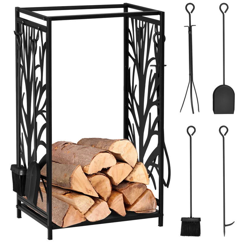Porte bûches serviteur de cheminée arbre 46 x 29 x 70 cm avec étagère et 4 accessoires design industriel en acier noir 21_0003905