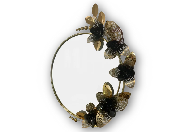 Miroir rond fleur métal doré noir - Oria