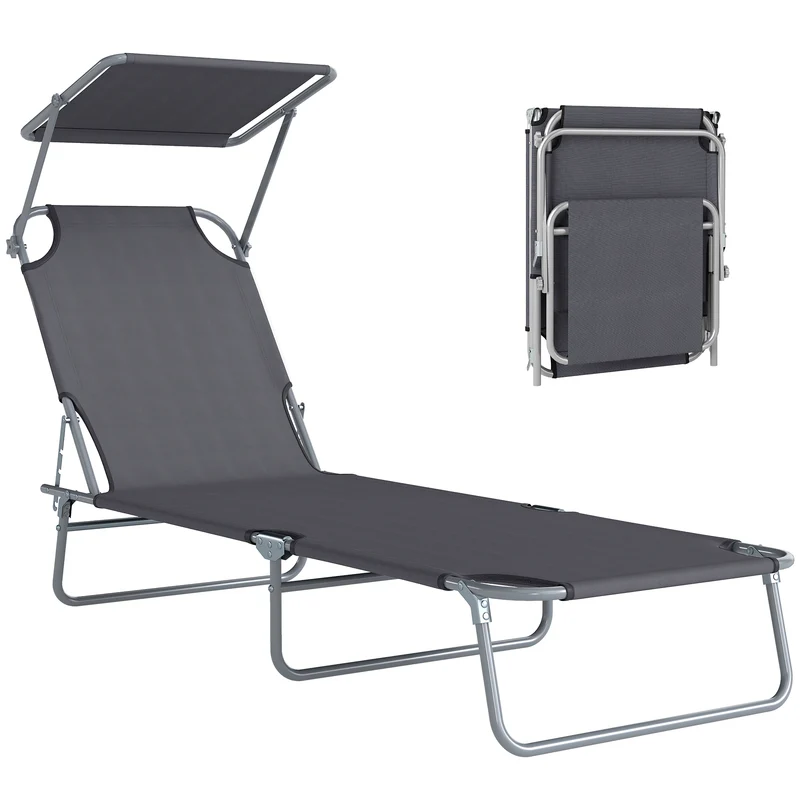 Transat bain de soleil 187 x 58 x 36 cm dossier 4 positions pare-soleil réglable moderne extérieur en polyester gris 21_0004546