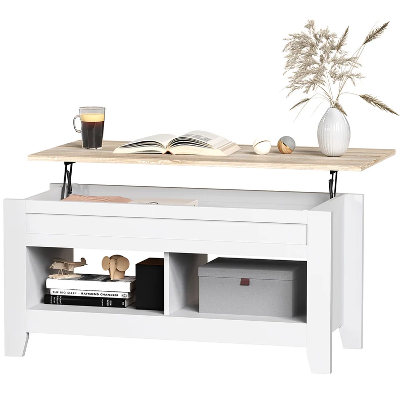 Table basse relevable salon 105 x 50 x 49 cm rangement caché 2 niches contemporain épuré en panneau de particules blanc 21_0003034