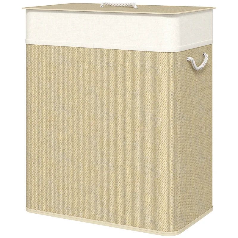 Panier à linge double 52 x 32 x 63 cm séparation 2 compartiments sacs lavables design épuré pour chambre en bambou crème 21_0005877