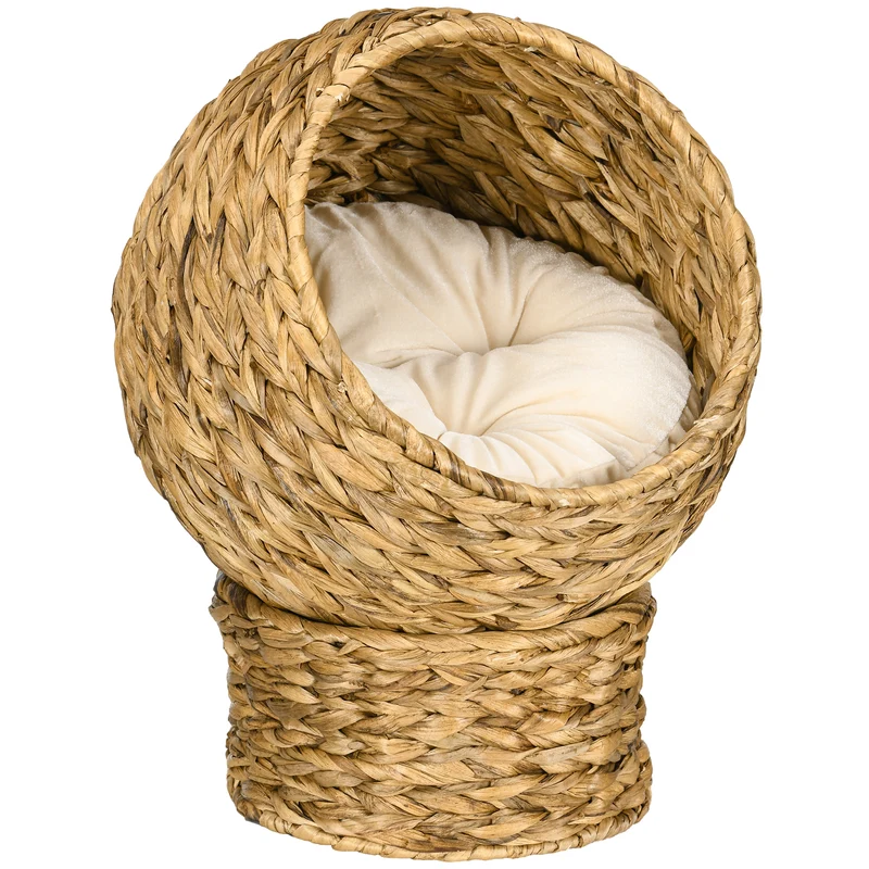 Panier pour chat boule 40 x 37 x 51 cm coussin amovible grand confort rustique décoratif en feuilles de bananier marron 21_0007619