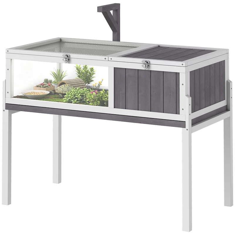 Maison pour tortues salon 104 x 53 x 82 cm plateau coulissant support lampe intégré rustique scandinave en bois gris 21_0007852
