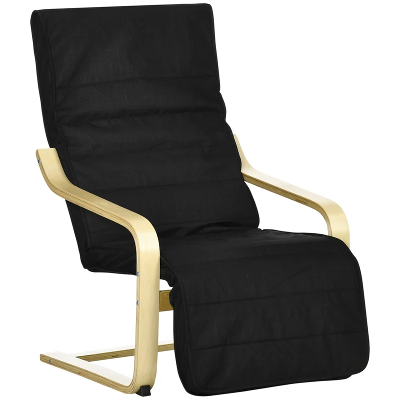 Fauteuil détente salon 94 x 66,5 x 100 cm repose-pied 5 positions assise rembourrée scandinave chaleureux en coton noir 21_0001690