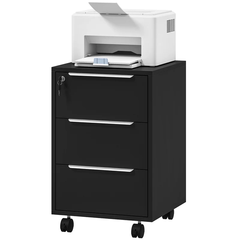 Caisson de bureau à roulettes 40 x 40 x 63,5 cm 3 tiroirs serrure contemporain design finition mate compact en MDF noir 21_0002456
