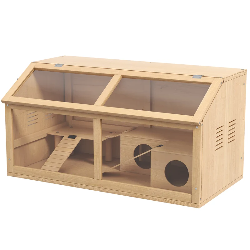 Cage pour hamster grand 85 x 45 x 44 cm toit ouvrant accès facile plateformes et jeux scandinave rustique en bois naturel 21_0007974