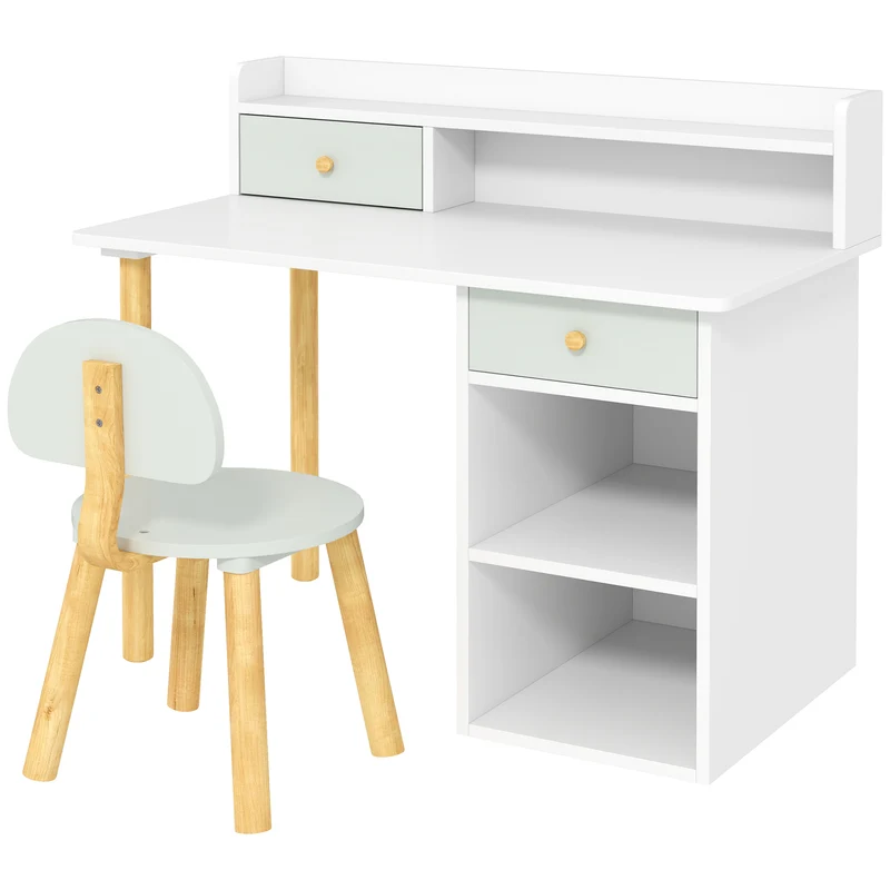 Bureau enfant avec chaise 85 x 48 x 73 cm rangement 2 tiroirs étagères assise ergonomique scandinave épuré en MDF vert 21_0000219