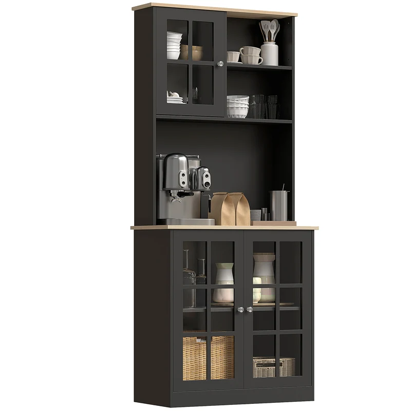 Buffet vitrine de cuisine 80 x 37 x 183 cm avec plan de travail rangements multiples contemporain épuré en MDF noir 21_0002192