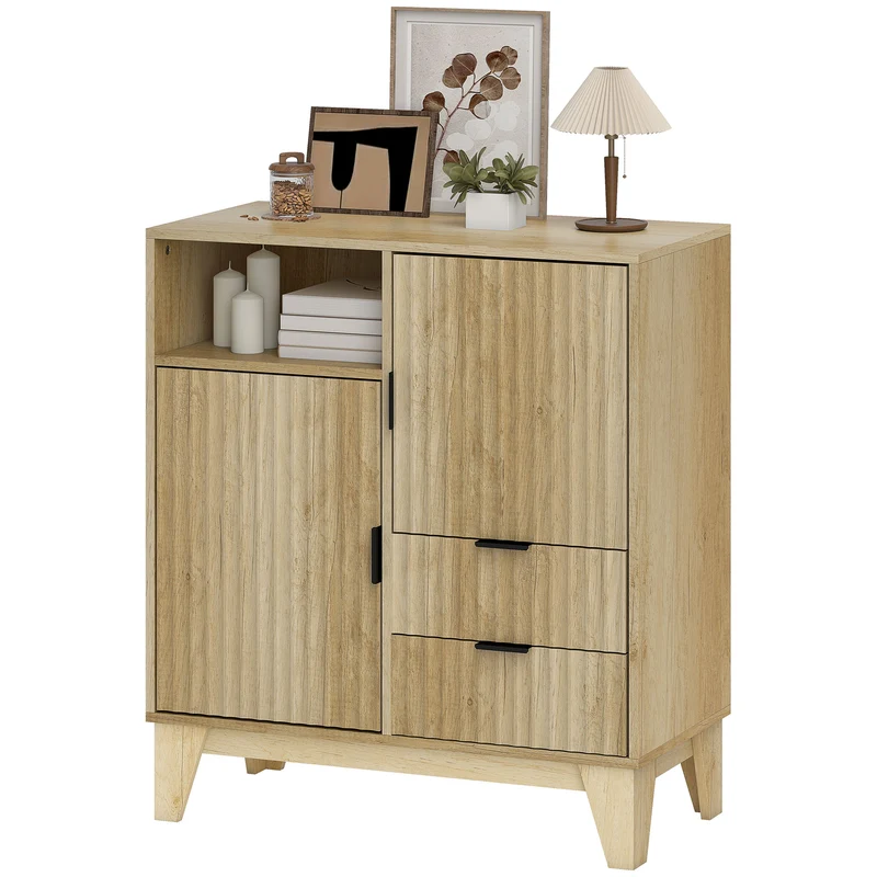 Buffet salon portes et tiroirs 80 x 40 x 90 cm fermeture douce style épuré moderne en panneau de particules naturel 21_0003556