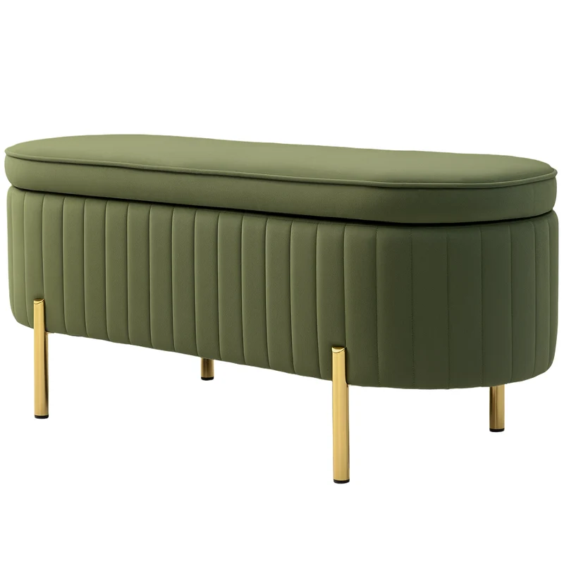 Banc de rangement ovale bout de lit 108 x 44 x 43,5 cm coffre 72 L capitonné tendance pieds dorés en velours vert foncé 21_0001655