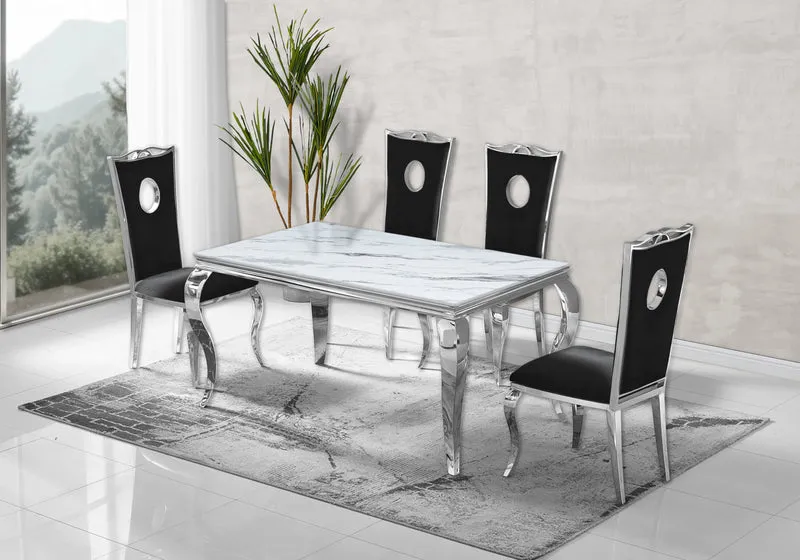 Ensemble table marbre blanc et 4 chaises argent – Neo