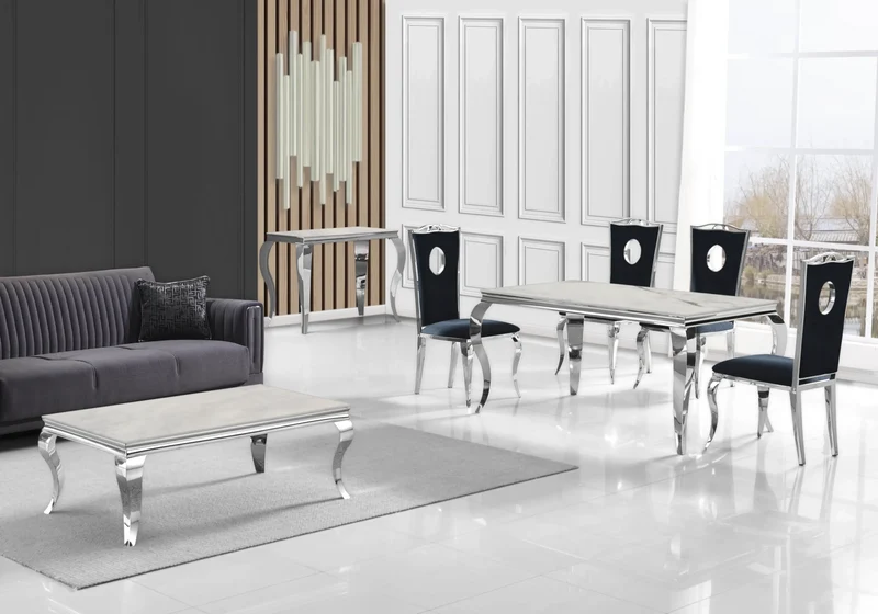 Salle à manger complète marbre beige argent – Neo