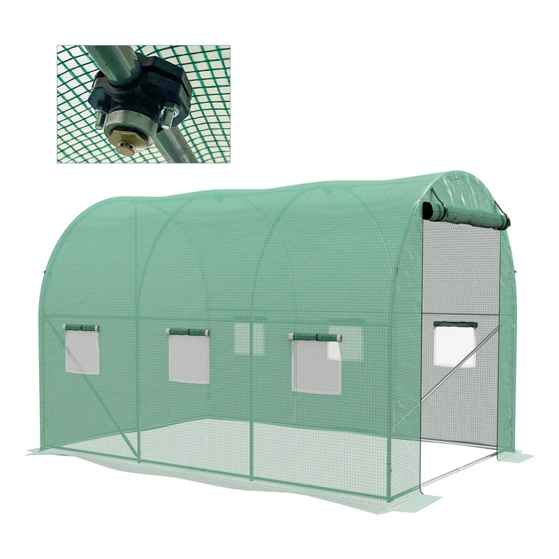 Serre tunnel de jardin 298 x 200 x 197 cm arrosage intégré 6 fenêtres moustiquaire design pratique en polyéthylène vert 21_0004359