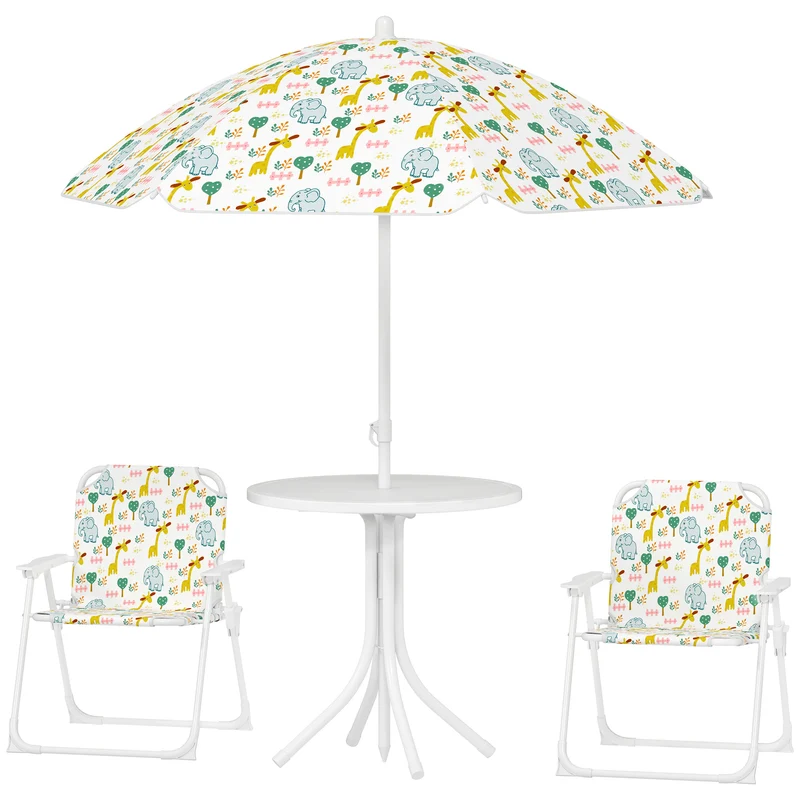 Salon de jardin enfant 4 pièces 49.5 x 38 x 122 cm protection uv pliable décoratif tendance cosy en plastique blanc 21_0000743