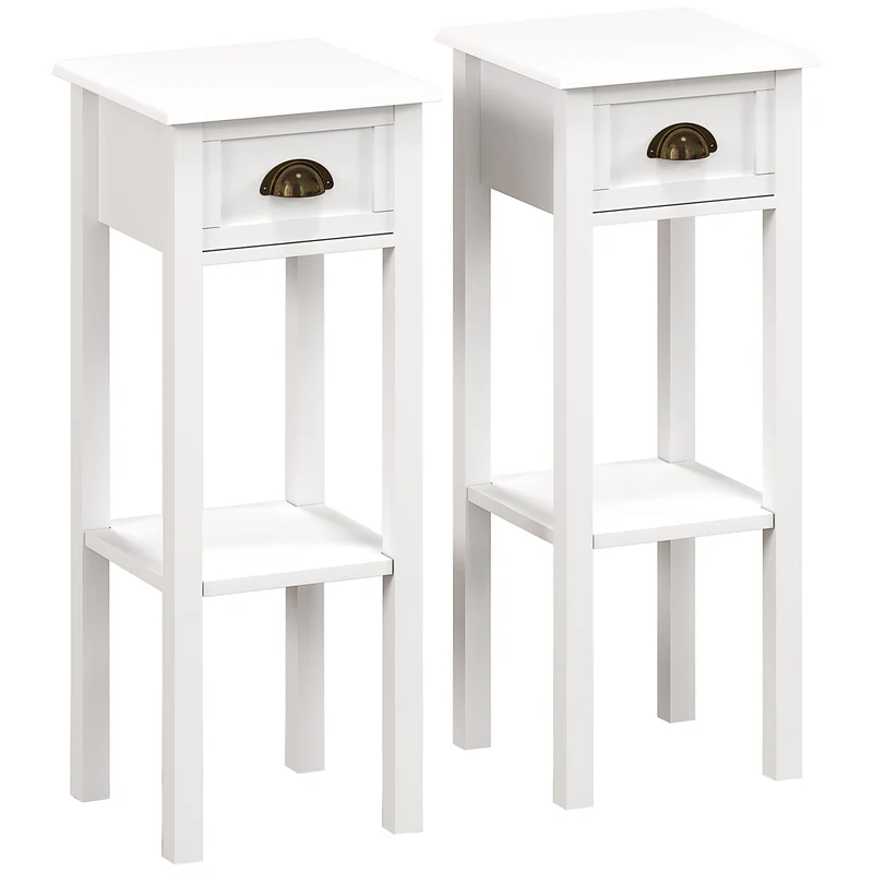 Lot de 2 tables d'appoint étroites chevet 30 x 30 x 75 cm tiroir et étagère salon entrée style contemporain en MDF blanc 21_0002836