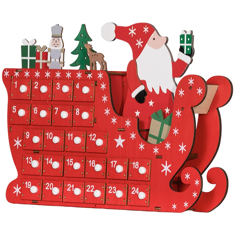 Calendrier de l'avent en forme de traîneau cheminée 22.5 x 8 x 36 cm 24 tiroirs réutilisable décoratif en bois rouge 21_0001373