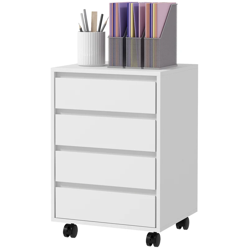 Caisson de bureau à roulettes 4 tiroirs coulissants compacts 46 x 40 x 65 cm mobilité stable moderne épuré en MDF blanc 21_0002466