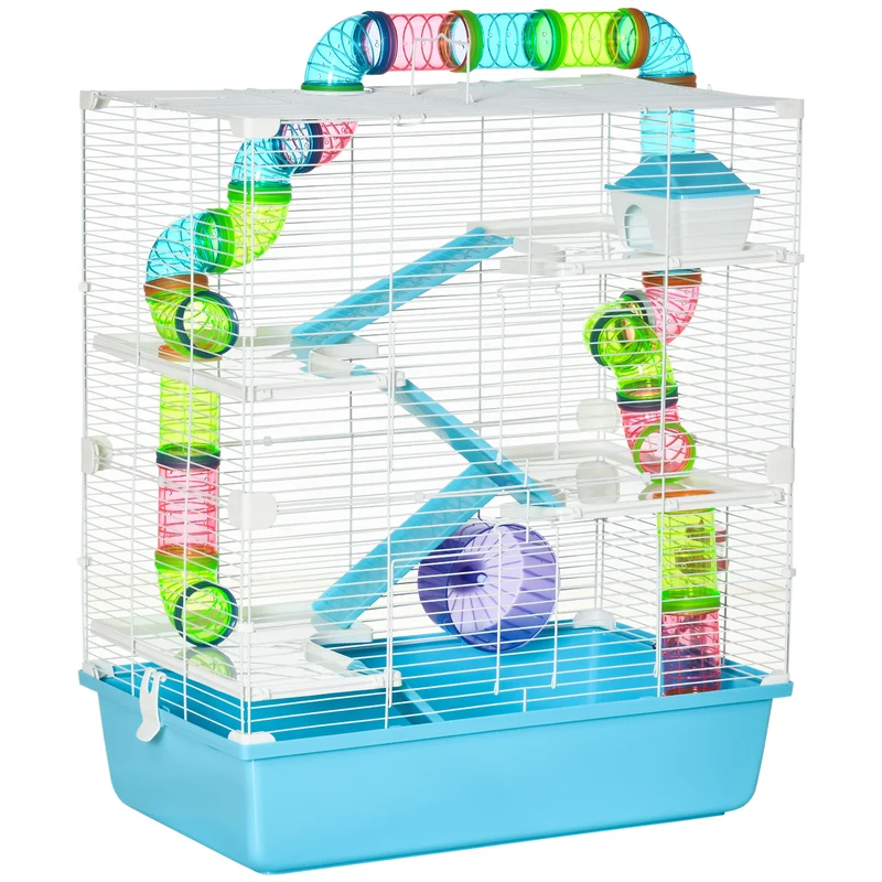 Cage pour hamsters habitat intérieur 59 x 36 x 69 cm 5 niveaux plateaux amovibles scandinave contemporain en acier bleu 21_0007928