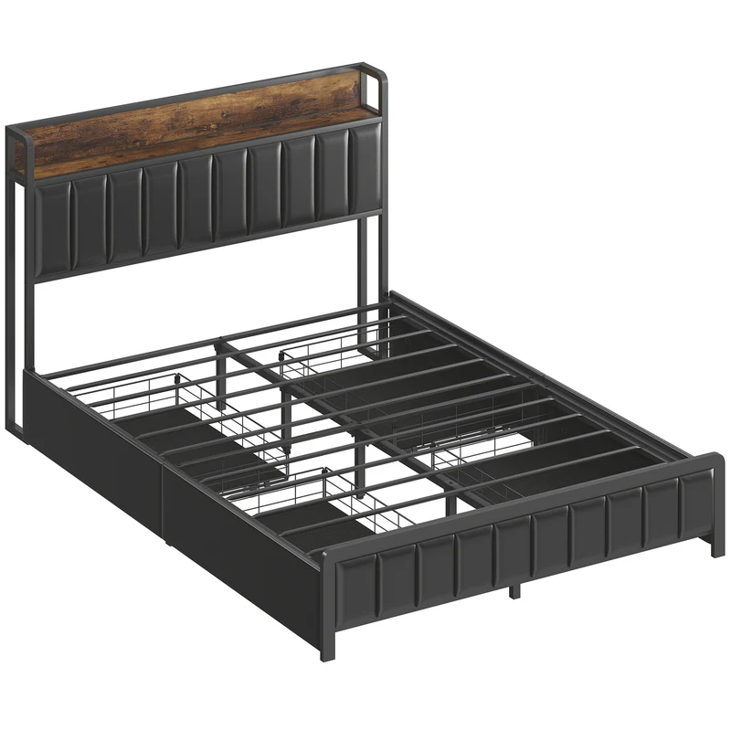 Cadre de lit double rembourré 140 x 190 cm avec 4 tiroirs et étagère gain de rangement style industriel en métal noir 21_0003785
