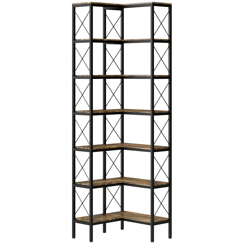 Bibliothèque d'angle 60 x 60 x 200 cm gain de place anti-basculement intégré style industriel contemporain en bois marron 21_0002570