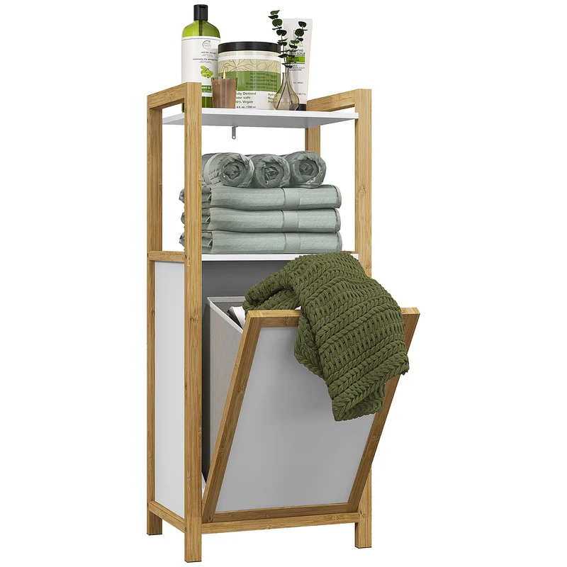 Armoire salle de bain rangement panier à linge 40 x 30 x 95 cm gain de place panier amovible scandinave en bambou blanc 21_0002022