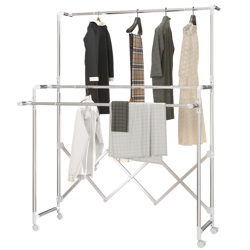 Séchoir à linge pliable 104-150 x 103 x 145-197 cm barres réglables gain de place moderne en acier inoxydable argenté 21_0005884