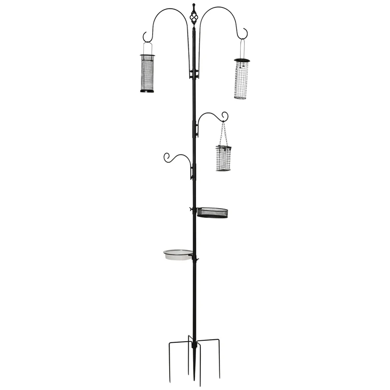 Poteau nourrisseur pour oiseaux 54.5 x 54.5 x 208 cm 3 mangeoires nettoyage facile stable jardin moderne en acier noir 21_0007602