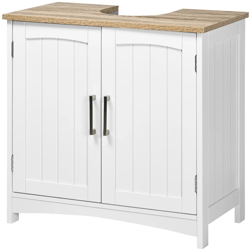 Meuble sous lavabo 2 portes 60 x 33 x 60 cm étagère réglable découpe en u contemporain épuré finition mate en MDF blanc 21_0001901