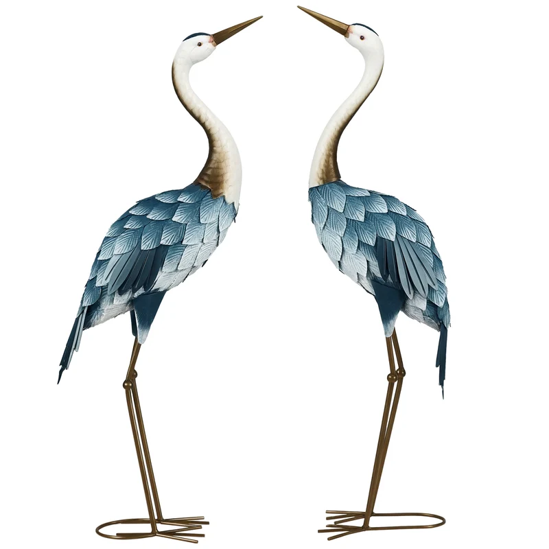 Lot de 2 statues de jardin forme grue 26 x 15 x 74 cm stables avec piquets usage extérieur contemporain en acier bleu 21_0003986
