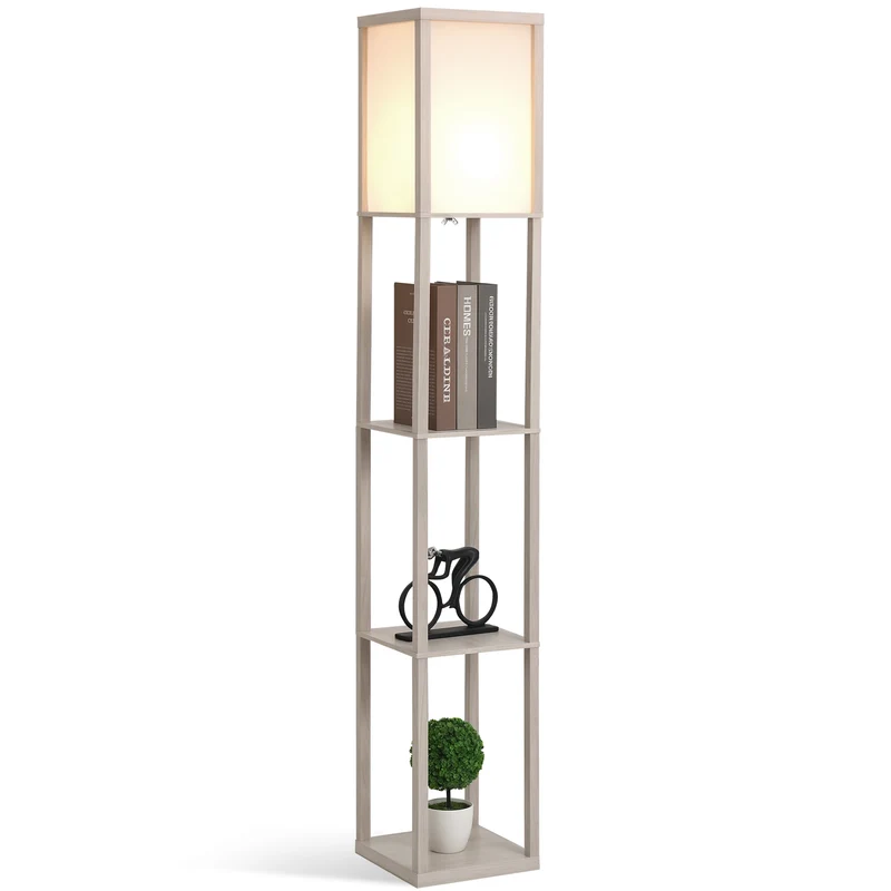 Lampadaire étagère pour salon 26 x 26 x 160 cm rangement 3 étagères éclairage intégré style scandinave en MDF gris clair 21_0001745