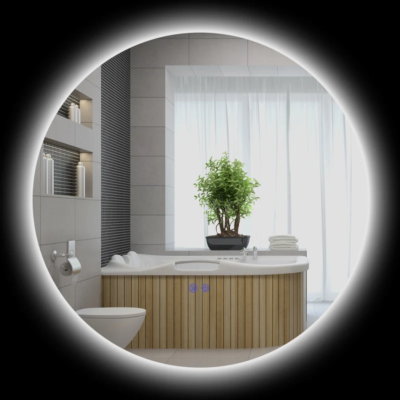 Miroir rond mural salle de bain 70 x 3,5 cm antibuée éclairage réglable tactile diodes design contemporain en verre gris 21_0001975