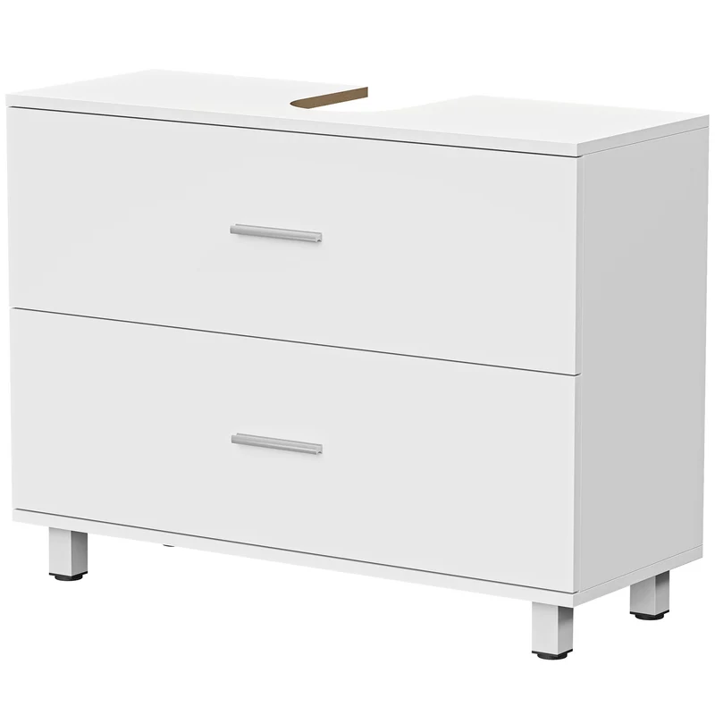 Meuble sous lavabo 2 tiroirs 80 x 30 x 60 cm rangement optimisé antibasculement moderne épuré poignées en MDF blanc 21_0002126