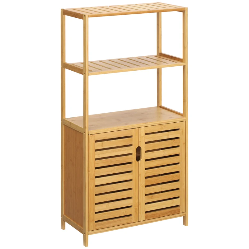 Meuble de salle de bain armoire sur pied 60 x 30 x 120 cm gain de place rangement ventilé scandinave en bambou naturel 21_0001929