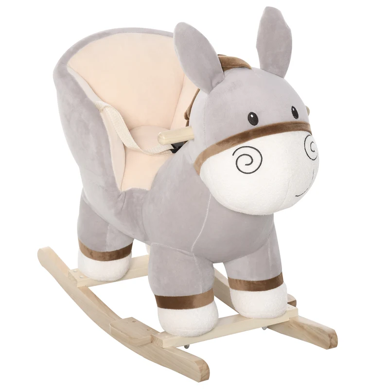 Cheval à bascule forme âne 61 x 34 x 58 cm selle confort fonction musicale siège sécurisé décoratif en peluche gris 21_0000278