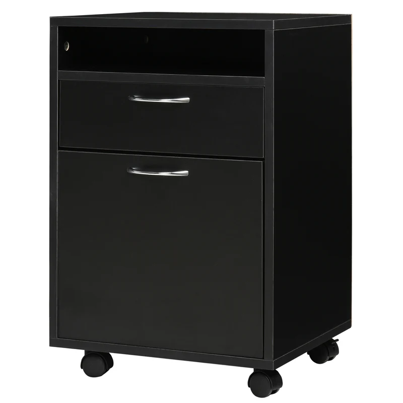 Caisson de bureau 40 x 35 x 60 cm tiroir et placard sur roulettes à freins design épuré en panneaux de particules noir 21_0002382