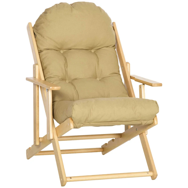 Fauteuil pliable inclinable salon 71 x 89 x 96 cm coussin capitonné épais ergonomique rustique en bois marron clair 21_0003069