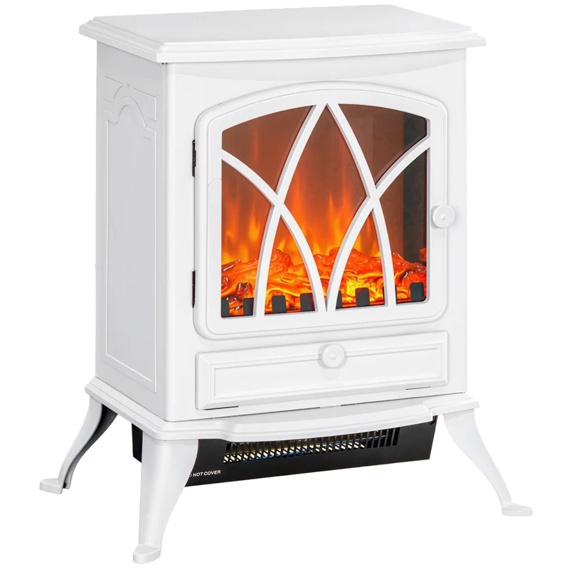 Cheminée électrique sur pied poêle ancien 45 x 28,5 x 54 cm effet flammes chauffage réglable vintage cosy en métal blanc 21_0001097