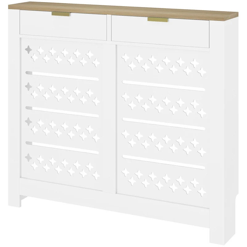 Cacheradiateur entrée 108 x 19 x 95.5 cm placard basculant et étagère rangement design moderne motif croisé en MDF blanc 21_0001152