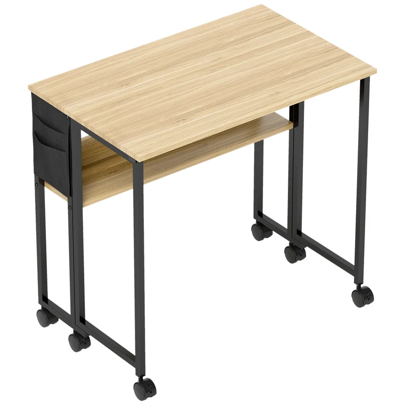 Bureau pliable gain de place 80 x 50 x 75 cm avec étagère et sac latéral roulettes freinables moderne épuré en MDF chêne 21_0002531