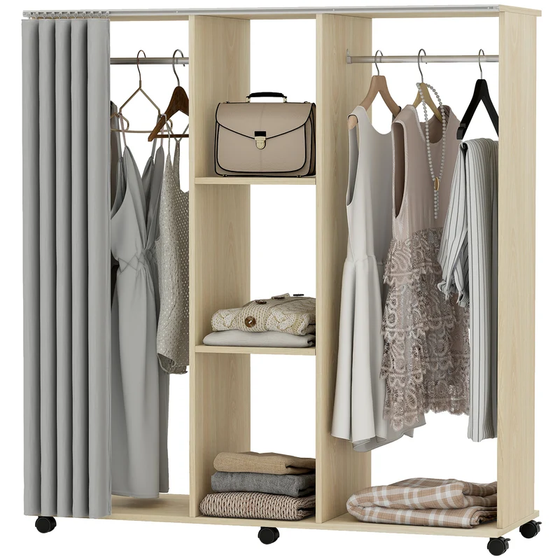 Armoire penderie mobile chambre 120 x 40 x 128 cm grand volume 6 roulettes épuré en panneau de particules bois naturel 21_0001428