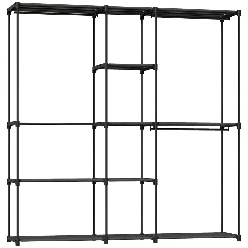 Armoire de rangement penderie 182 x 43 x 185 cm avec 8 étagères et 3 tringles contemporain épuré salon en tissu noir 21_0005891
