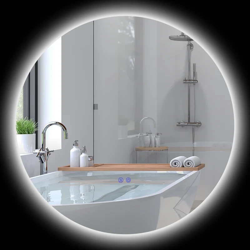 Miroir rond mural salle de bain 80 x 3,5 cm éclairage réglable antibuée tactile sécurisé moderne épuré en verre argent 21_0001976