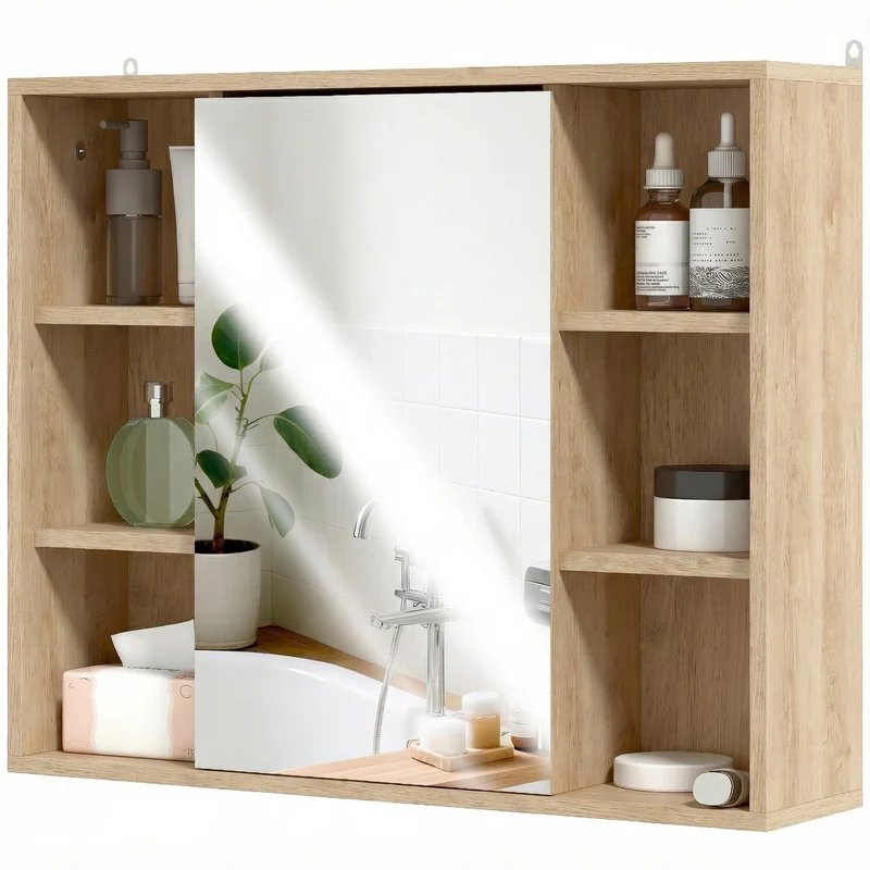 Meuble salle de bain mural miroir placard 60 x 14.5 x 49.4 cm 6 cases rangement contemporain épuré en MDF bois naturel 21_0001869