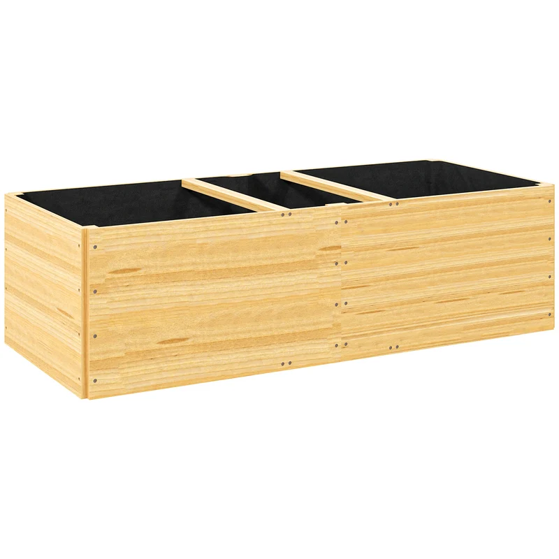 Jardinière potager rectangulaire 140 x 60 x 40 cm 3 compartiments feutre de drainage rustique en bois de sapin naturel 21_0005498