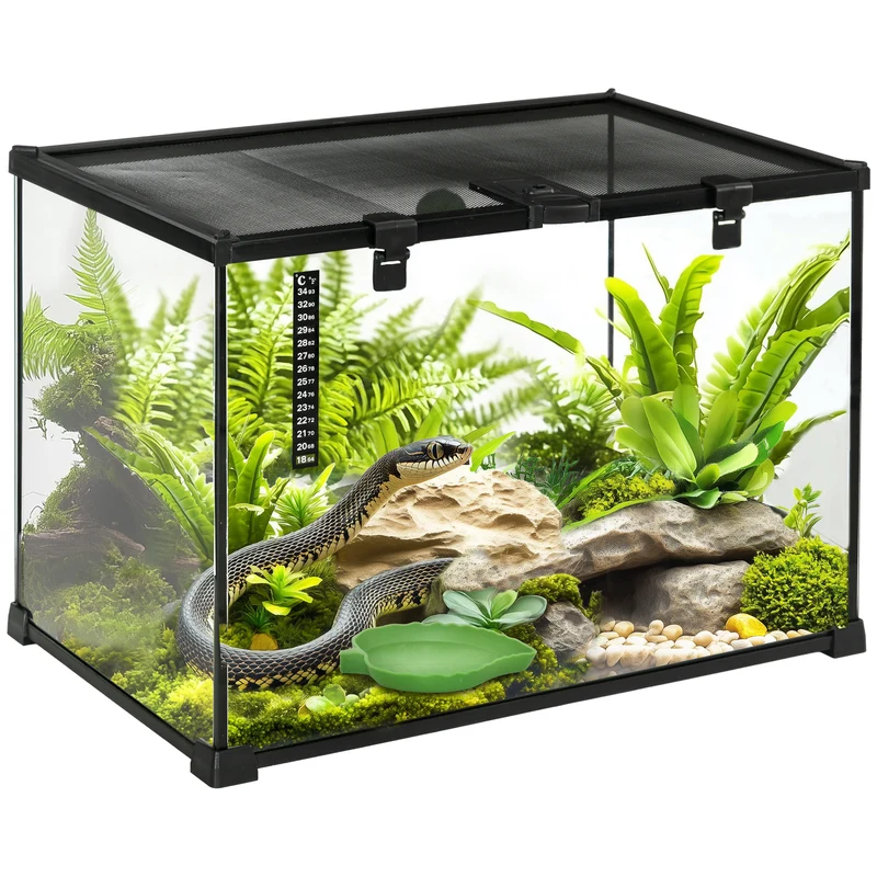 Boîte à reptiles terrarium 50 x 30 x 35 cm ventilation optimale thermomètre inclus moderne épuré en verre trempé noir 21_0007829